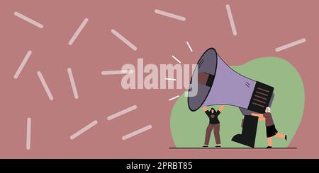 Gruppe Von Zeichnern, Die Ihre Megaphone In Der Chat Cloud Halten Und Ideen Austauschen. Zeichnung Von Mob-Linien, Die Sich Gegenseitig Neue Ankündigungen Machen. Stock Vektor