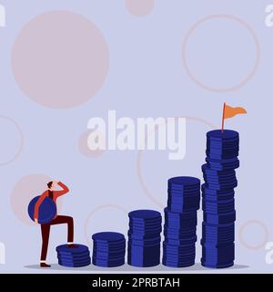 Gentleman Drawing Running Upwards On Stair Steps Of Coins. Man Design Climbing Big Stairs Reaching Goals Showing Progress And Improvement. Stock Vector