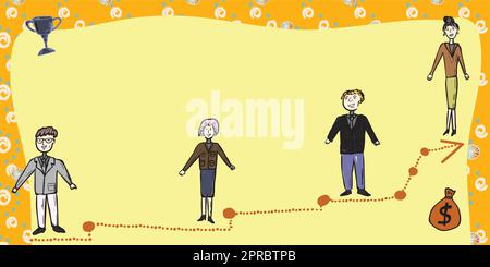 Das Business-Team Steht Auf Der Treppe Zum Erfolg Mit Trophäe Und Geldbeutel An Den Seiten. Geschäftsmänner Und Geschäftsfrauen, Die Eine Wichtige Entwicklungsbotschaft Präsentieren. Stock Vektor