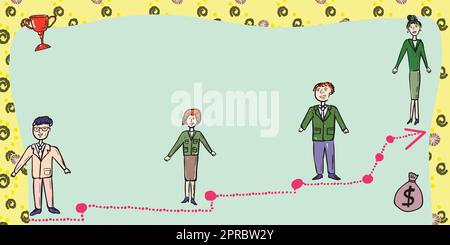 Das Business-Team Steht Auf Der Treppe Zum Erfolg Mit Trophäe Und Geldbeutel An Den Seiten. Geschäftsmänner Und Geschäftsfrauen, Die Eine Wichtige Entwicklungsbotschaft Präsentieren. Stock Vektor
