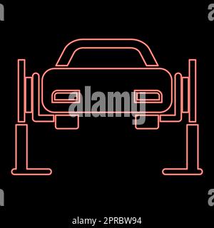 Neonaufzug Car Repair Service Concept Car on fix Lift Car Heft on Auto Lift rot Vektordarstellung flacher Stil Stock Vektor