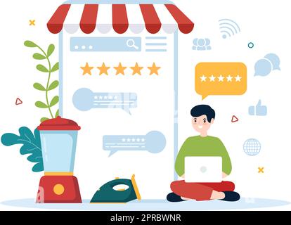 Überprüfung der Elektronik mit Kundenbewertung der Servicequalität oder der Anwendung und Abgabe von Feedback in einer flachen, handgezeichneten Schablone Stock Vektor