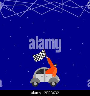 Geschäftsmann Winkt Banner Von Vehicle Racing Auf Dem Weg Zu Erfolgreichen Zukünftigen Fortschritten. Mensch Greift Nach Dem Fahrzeug, Indem Die Flagge Die Ziele Für „Neueste Reise Starten“ Repräsentiert. Stock Vektor