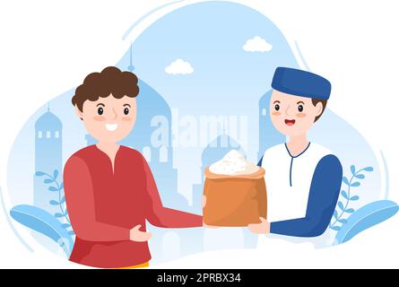 Muslimische Menschen spenden Almosen, Zakat oder Infaq an eine Person, die sie benötigt, in der Abbildung „Flat Cartoon Poster Hand Drawn Templates“ Stock Vektor