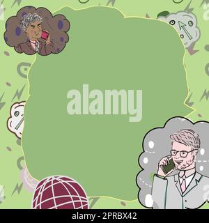 Geschäftsleute, Die Über Mobiltelefone Sprechen Und Wichtige Ideen Präsentieren. Männer, Die Auf Handys Sprechen Und Grausame Informationen Zeigen. Führungskräfte Zeigen Neue Daten An. Stock Vektor