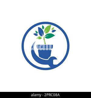 Logo-Konzept „Garden fix Vector“. Logo-Symbol für Blumentopf und Schraubenschlüssel. Stock Vektor