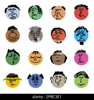 Farbige Doodle Heads. Runde Comic-Gesichter mit verschiedenen Emotionen. Zeichenstil. Verschiedene bunte Charaktere. Leute im Cartoon-Stil. Handgezeichnete, trendige Illustration. Flache Kreise. Stock Vektor