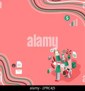 Businessmen Working Together On Lap Tops, One Talking On Phone. Group Of Four Friends In Office Doing Work, Two On Computers, Other On Cellphone, Last Arranging Documents. Stock Vector