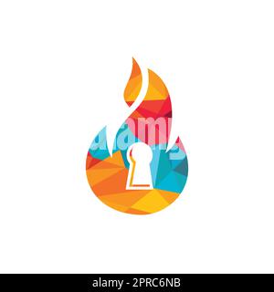 Design-Vorlage für das Schlüssellogo des Feuerschutzvorhängeschlosses. Logo-Symbol für Feuerlöscher. Stock Vektor