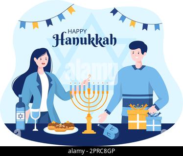 Happy Hanukkah Jewish Holiday Template Handgezeichnete Cartoon flache Illustration mit Menorah, Sufganiyot, Dreidel und traditionellen Symbolen Stock Vektor