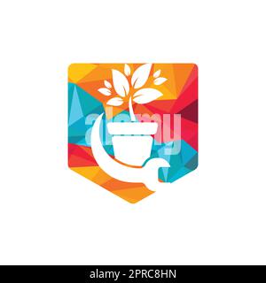 Logo-Konzept „Garden fix Vector“. Logo-Symbol für Blumentopf und Schraubenschlüssel. Stock Vektor