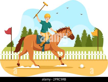 Polopferd-Sport mit Spielerreiten und Haltestift Use Equipment Set in flachem Cartoon Poster handgezeichnete Vorlage Illustration Stock Vektor