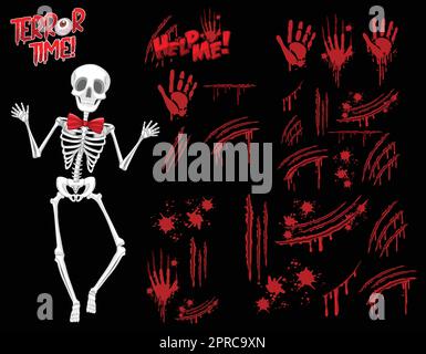 Set different skeleton ghost with blood splatter black background Stock Vektor