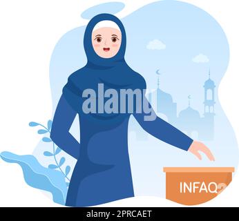 Muslimische Menschen spenden Almosen, Zakat oder Infaq an eine Person, die sie benötigt, in der Abbildung „Flat Cartoon Poster Hand Drawn Templates“ Stock Vektor