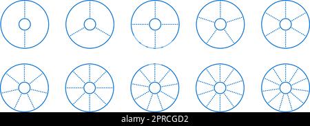 Segmentsammlung für Ringdiagramme. Satz Raddiagramme. Umrissringe und Scheiben werden zusammengepackt. Von 2 bis 11 Sektoren von Infografiken. Verschiedene Phasen und Phasen des Zyklus. Vektor Stock Vektor