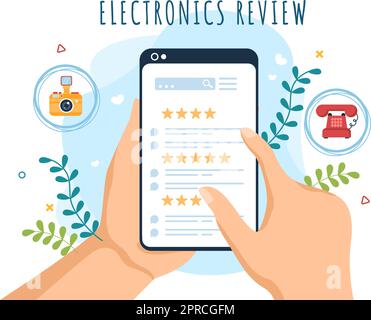 Überprüfung der Elektronik mit Kundenbewertung der Servicequalität oder der Anwendung und Abgabe von Feedback in einer flachen, handgezeichneten Schablone Stock Vektor