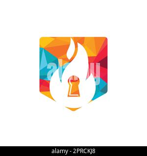 Design-Vorlage für das Schlüssellogo des Feuerschutzvorhängeschlosses. Logo-Symbol für Feuerlöscher. Stock Vektor