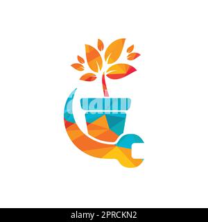 Logo-Konzept „Garden fix Vector“. Logo-Symbol für Blumentopf und Schraubenschlüssel. Stock Vektor