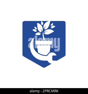 Logo-Konzept „Garden fix Vector“. Logo-Symbol für Blumentopf und Schraubenschlüssel. Stock Vektor