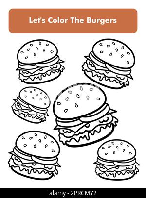Burger Sandwich Malbuch-Seite Im Letter-Format. Untergeordnetes Arbeitsblatt Zum Ausmalen. Hochwertiges Vektorelement. Stock Vektor