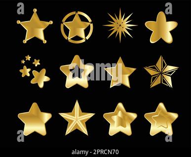 Satz goldener Startsymbole isoliert auf schwarzem Hintergrund Stock Vektor