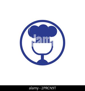 Podcast-Design-Vorlage für das Vektorlogo des Küchenchefs. Logo des singenden Küchenchefs. Stock Vektor