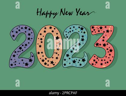 Frohes Neues Jahr 2023. Farbenfrohe Nummer mit Einrichtung in schwarzen Sternen. Das Gotische Neujahr. Grüner Hintergrund.Vektordarstellung Stock Vektor