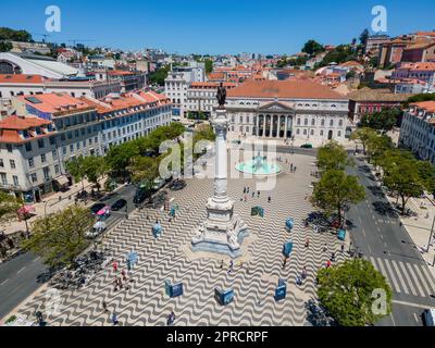 Der Platz Dom Pedro IV (Rossio-Platz) in Lissabon aus der Vogelperspektive Stockfoto