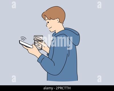 Junger Mann, der eine drahtlose Verbindung mit dem Handy benutzt Stock Vektor