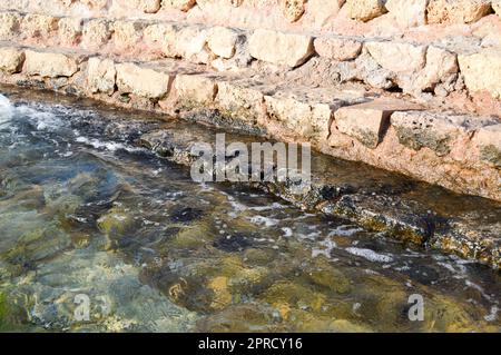 Alte, antike, gelbe Steintreppen bedeckt mit grünem Schlamm und Schlamm, Abstieg ins Meer, See, Meer und Wasser mit Wellen. Der Hintergrund. Stockfoto