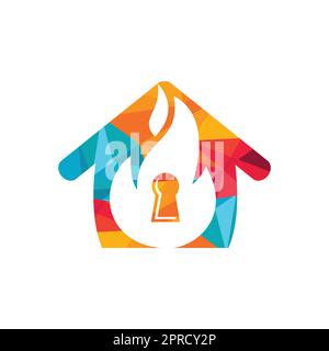 Design-Vorlage für das Schlüssellogo des Feuerschutzvorhängeschlosses. Flammenschlüssel mit Logo-Symbol des Hauses. Stock Vektor