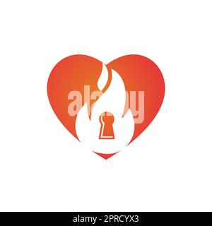Design-Vorlage für das Schlüssellogo des Feuerschutzvorhängeschlosses. Flammenschlüssel mit Herzsymbol. Stock Vektor