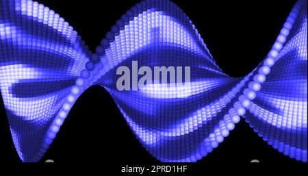 Blaue und weiße, sich bewegende Spiralen von Molekülen und dna, medizinisch und wissenschaftlich, wirbelnd und strahlend vor Energie. Bildschirmschoner im digitalen Stil. Abstract Bac Stockfoto