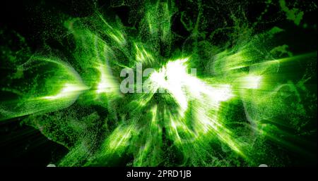 Abstrakter Hintergrund von sich bewegenden grünen, kleinen Wellenpartikeln aus Rauch mit Glüh- und Unschärfeeffekt einer explodierenden Kugel. Der Bildschirmschoner ist wunderschön. Stockfoto