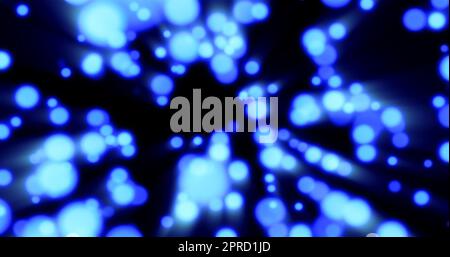 Wunderschöner festlicher Bokeh-Effekt, blaue Lichtkreise, die herabfallen, glühende weihnachten Neujahr auf schwarzem Hintergrund. Abstrakter Hintergrund. Scr Stockfoto