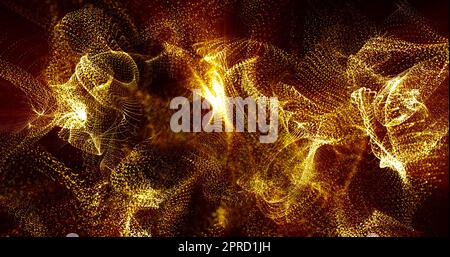Abstrakter Hintergrund von gelben goldenen fliegenden kleinen Partikeln oder Rauchwellen mit Glüh- und Unschärfeeffekt. Der Bildschirmschoner ist wunderschön. Stockfoto