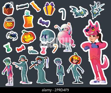halloween-Aufkleber mit gruseligen Kostümen Stock Vektor