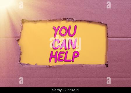 Textbeschriftung, in der Sie helfen können. Business Showcase Helfen Sie freiwillig, wenn Sie Hilfe brauchen Geben Sie wichtige Informationen, die unter zerrissener Pappe stehen. Stockfoto