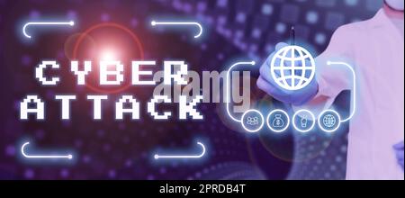 Inspiration mit dem Schild Cyber Attack. Ein Wort, das über einen Versuch von Hackern geschrieben wurde, einen Computer System Doctor zu zerstören, der auf Digital S im futuristischen Rahmen zeigt und Ideen präsentiert. Stockfoto