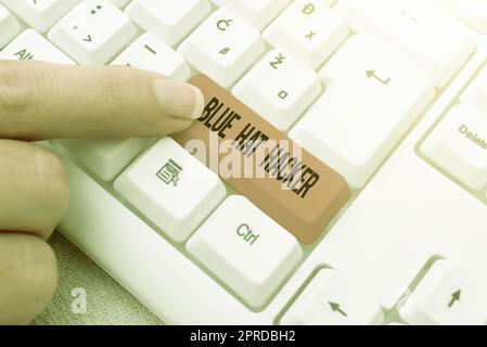 Konzeptdarstellung Blue hat Hacker. Internet Concept Person Consulting-Unternehmen, die Bug-System vor der Einführung -49049 Stockfoto