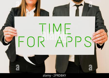 Inspiration zeigt die Zeit für das Hinweisschild für Apps. Wort für den besten umfassenden Service, mit dem Sie schneller kommunizieren können Business-Team mit wichtigen Informationen auf Sprechblase auf beiden Seiten. Stockfoto