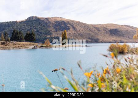 Landschaft am See und in den Bergen. Tekapo-See in Neuseeland im Herbst. Reisen Stockfoto