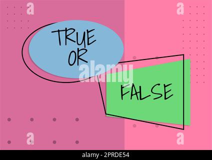 Textunterschrift mit „wahr“ oder „falsch“. Geschäftskonzept Entscheiden Sie sich zwischen einer Tatsache oder einer Lüge, Zweifelsverwirrung Stockfoto