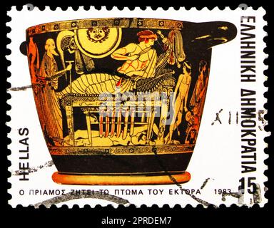 MOSKAU, RUSSLAND - 26. MÄRZ 2023: Der in Griechenland gedruckte Poststempel zeigt, dass Priamus die Leiche von Hector, Homers Epics-Serie, um 1983, anfordert Stockfoto