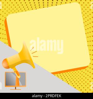 Hand Halten Eines Megafons auf dem Fernsehbildschirm. Hornlautsprecher Kündigt Wichtige Neuigkeiten Und Warnungen Auf Einem Leeren, Gepunkteten Hintergrund Des Papierbogens An. Platz Für Text Stockfoto
