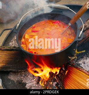 Über einem offenen Feuer wird Wassergulasch zubereitet! Stockfoto