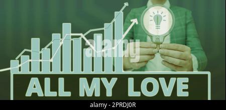 Textunterschrift mit „All My Love“. Geschäftskonzept die ganze Zuneigung und das gute Gefühl für Sie Romantik Glück Frau mit Glühbirne präsentiert wichtige Diagramme und Informationen. Stockfoto