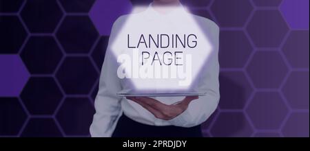 Text zeigt Inspiration Landing Page, Konzeptfoto Website aufgerufen, indem Sie auf einen Link auf einer anderen Webseite Businesswoman Holding Light Bulbs Pres Stockfoto