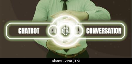 Hand schreiben Zeichen Chatbot Gespräch. Geschäftskonzept Chatten mit virtuellem Assistenten Künstliche Intelligenz Stockfoto