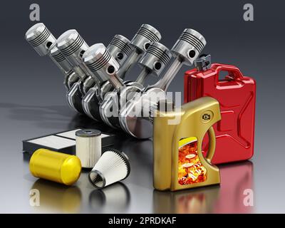 V6 Motor, Gasbehälter, Ölflasche und Ersatzfilter. 3D Abbildung. Stockfoto